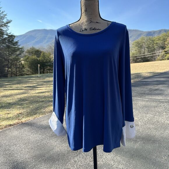 Susan Graver Liquid Knit Top Size L Blue Off White Contrast Cuff Flowy Stretch - Picture 13 of 13